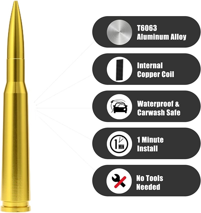 CZSWCH 50 Cal Truck Bullet Antenna Compatible with Ford F150 F250 F350 Raptor Bronco/Dodge RAM 1500 2500 3500/Chevrolet Silverado & GMC Sierra-Short Replacement Antenna 1990 - Current (Golden) - Image 2